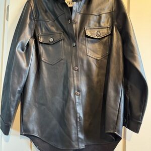 Zara Black Leather Button-Up Jacket